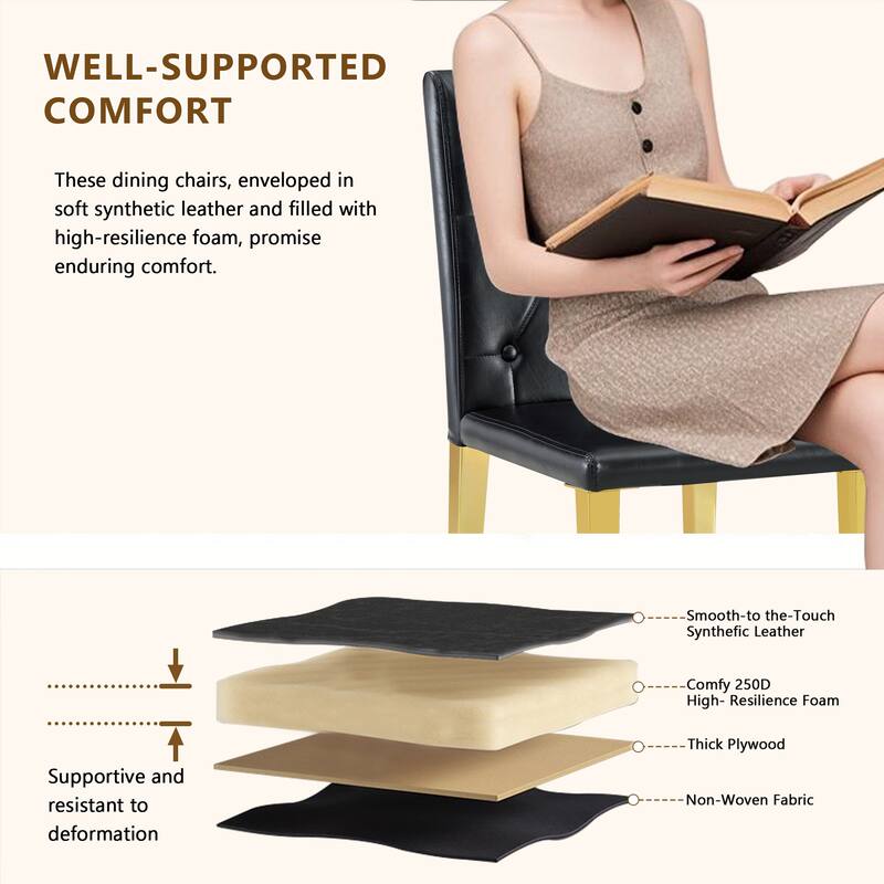 4-piece set of PU Dining Chairs: Ergonomically Designed Buckle Backrest, 35 Inches High, Gold Metal legs