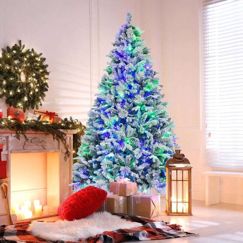 Gymax 4.5/6/7 FT Pre-Lit Artificial Christmas Tree Snow-Flocked Hinged - 7 Foot