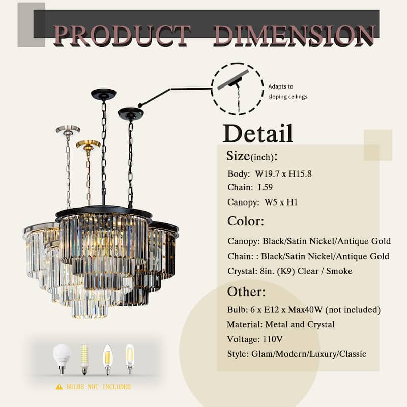 6-Lights Modern 3-Tier Round Fringe Crystal Chandelier - W 20"