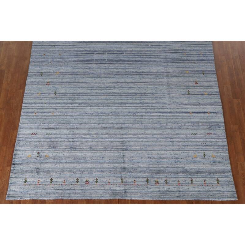 Striped Blue Gabbeh Oriental Area Rug Handmade Wool Carpet - 7'9"x 9'7"