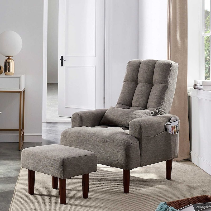 Gray Modern 26.77" High Back Upholstered Multi-Function Buttons Tufted Lounge Chair with Ottoman Set