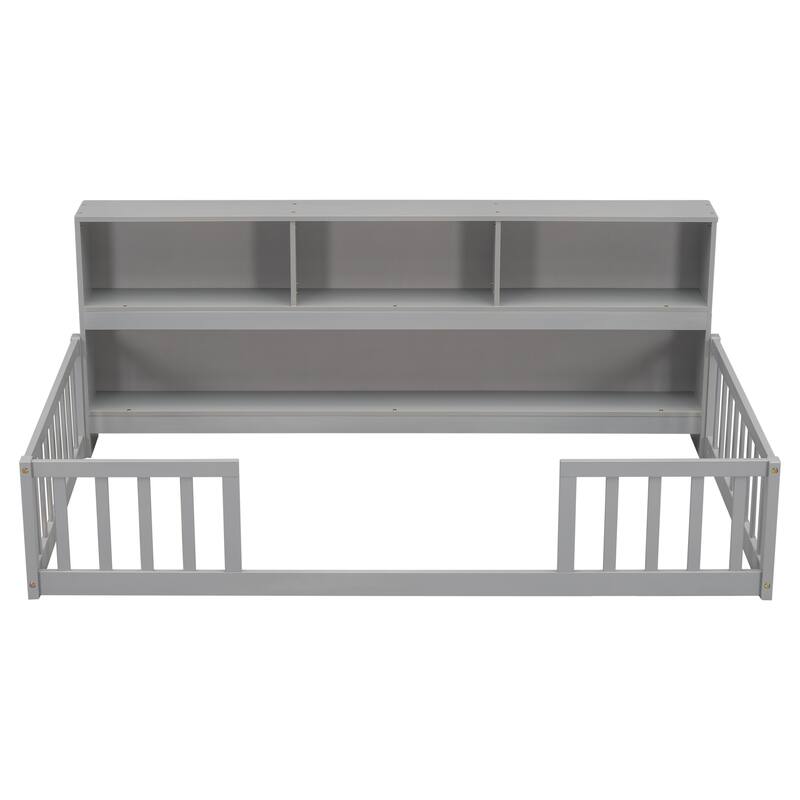 Twin Floor Bed with Bedside Bookcase,Shelves,Guardrails