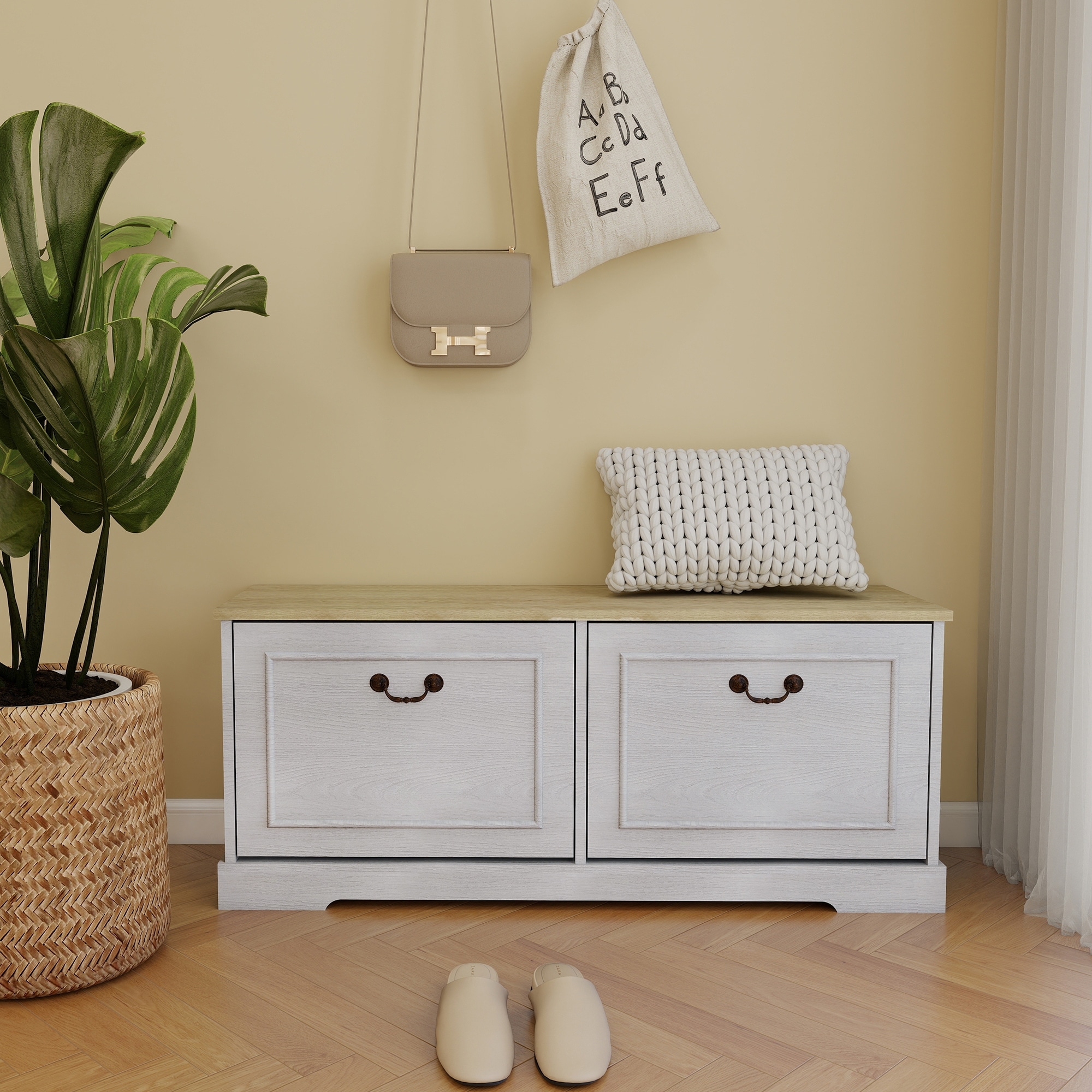 Shoe Storage Bench with 2 Flip Drawers and Adjustable Shelf for Entryway, Hallway, Bedroom-Antique White