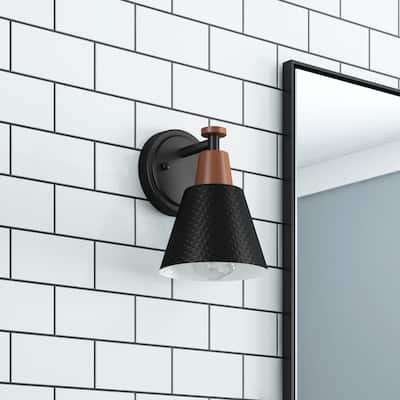 Industrial 1-Light Metal Finish and Wood Grain Wall Sconce For Bathroom