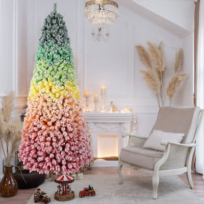 7.5ft Rainbow Gradient Flocked Christmas Tree with 1927 Tips, Artificial Pine with Snowy Finish, Hinged Design and Metal Stand
