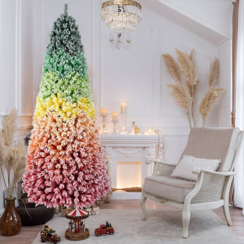 Rainbow Gradient Flocked Christmas Tree - Colorful Full-Bodied, Snowy Finish, Hinged Design, Metal Stand