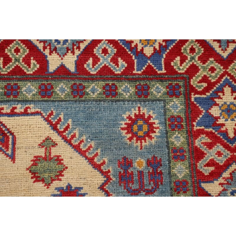 Geometric Kazak Oriental Area Rug Hand-Knotted Beige Wool Carpet - 4'11" x 6'4"