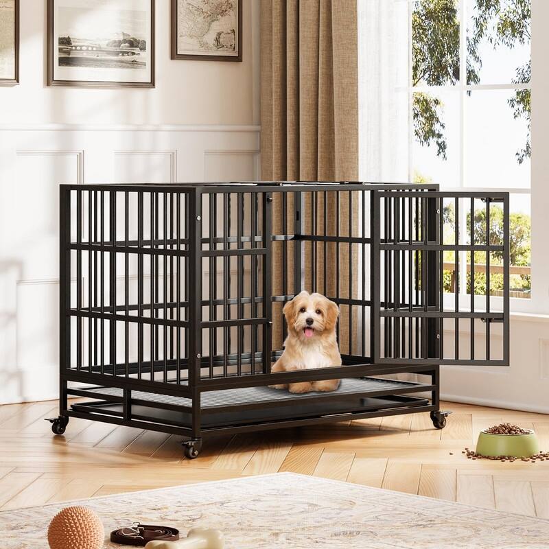 Heavy Duty Dog Crate withDouble Door Wheels ChewProof Metal Kennel for Small Dogs Easy to Assemble