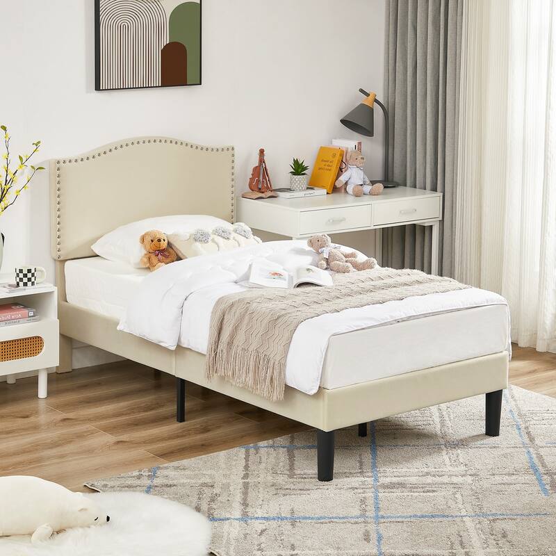 Javlergo Upholstered Platform Bed Frame with Adjustable Headboard, Strong Frame and Wooden Slats Support, Easy Assembly