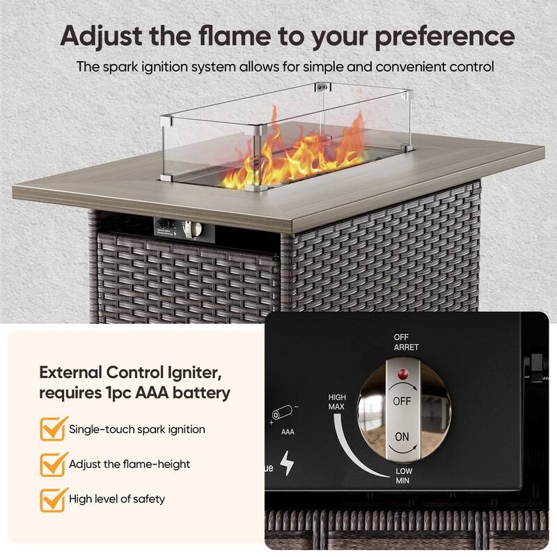 Outdoor Propane Fire Pit Table - 55000 BTU, Adjustable Flames with Wind Guard - Rectangle