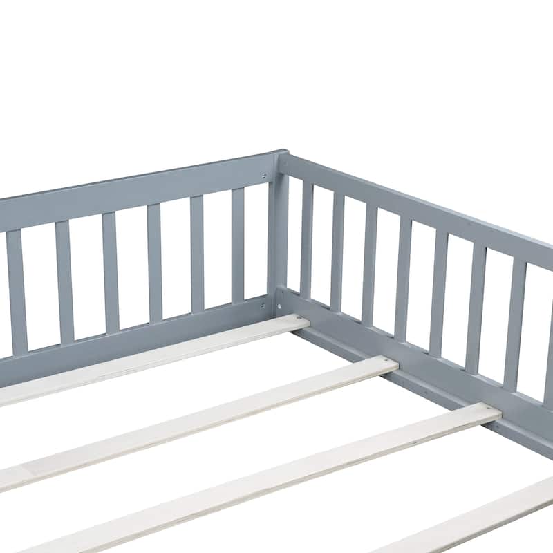Queen Size Floor Bed with Fence,Door,Rubber Wood Floor Bed with Safety Guardrails