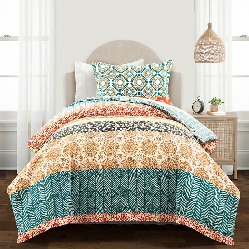 Lush Decor Bohemian Stripe Reversible 3 Piece Cotton Duvet Set - Turquoise&Orange - Twin XL