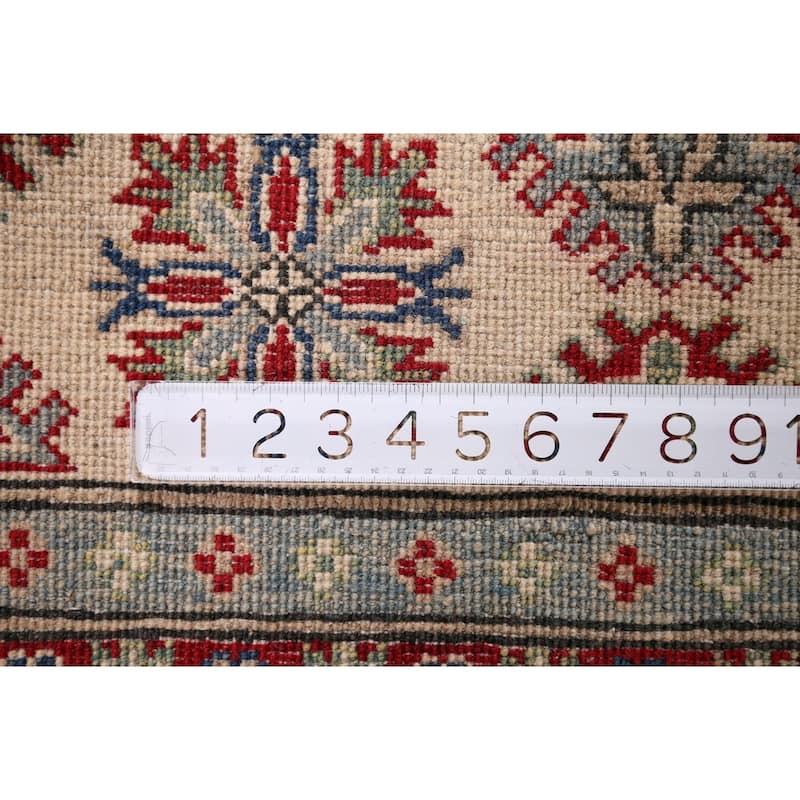 Blue Geometric Kazak Area Rug Hand-Knotted Geometric Wool Carpet - 5'0" x 6'8"