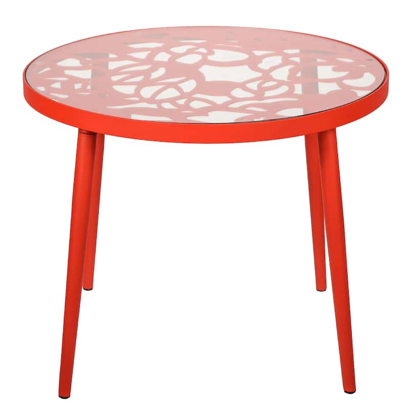 Devon Decorative Modern Floral Cutout Glass Top Patio Coffee Side Table with Aluminum Frame for Indoor Outdoor - 23 x 23 - Red