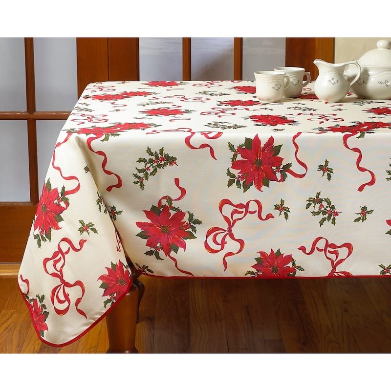 Violet Linen European Christmas Poinsettia Bows and Ribbons Tablecloth - 60" X 84" - Multi