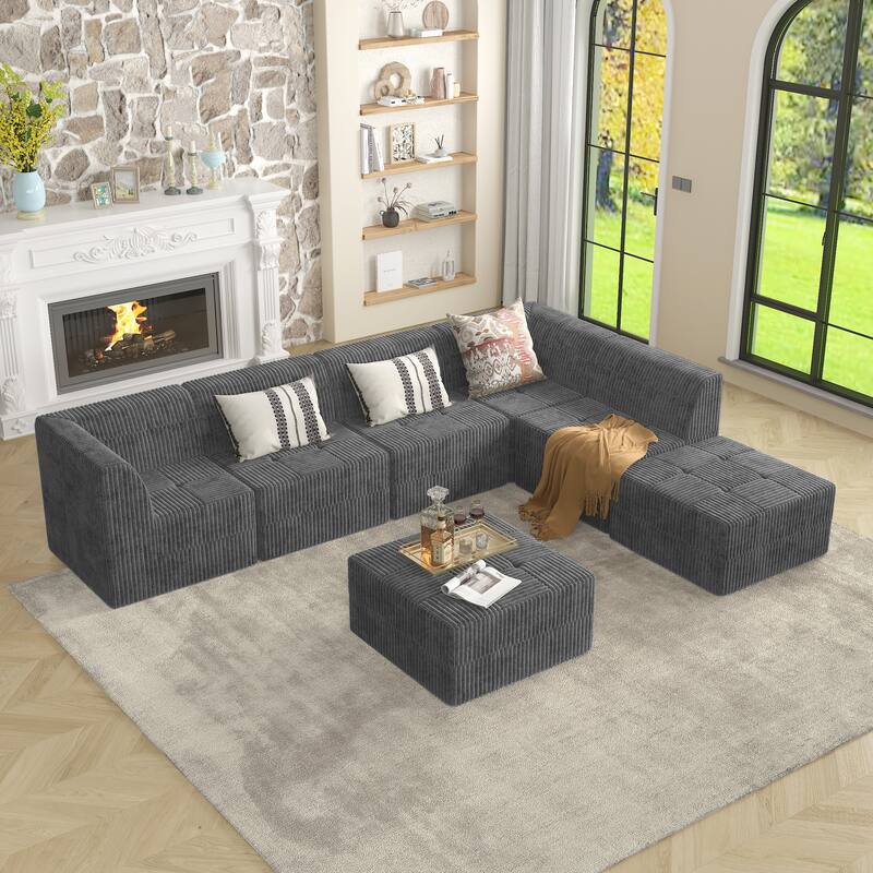 Ottoman sofa Compressed Sectional Sofa Modern Minimalist Style Corduroy Couch, Sleeper Sofa for Living Room, Bedroom - Grey