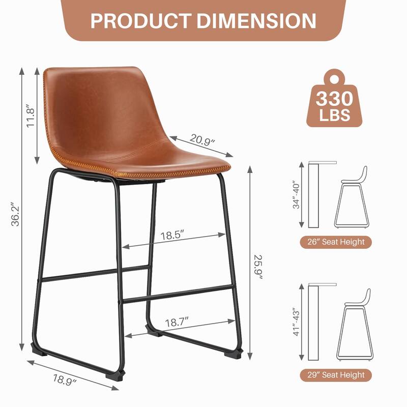 Classic Faux Leather 26 Inch Counter Height Bar Stools Set of 2 with Back and Metal Leg for Kitchen lsland