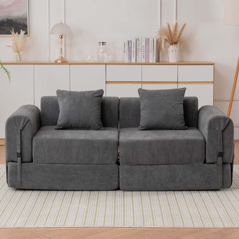 Folding Chaise Longue Sofa Fold Out Loveseat Floor Couch, Convertible Sleeper Sofa Bed Modular Leisure Sofa - Gray