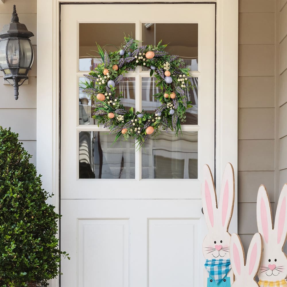 Glitzhome Easter Wreath with Eggs Lavender Bird Nest for Front Door Wall Window Holiday Decoration