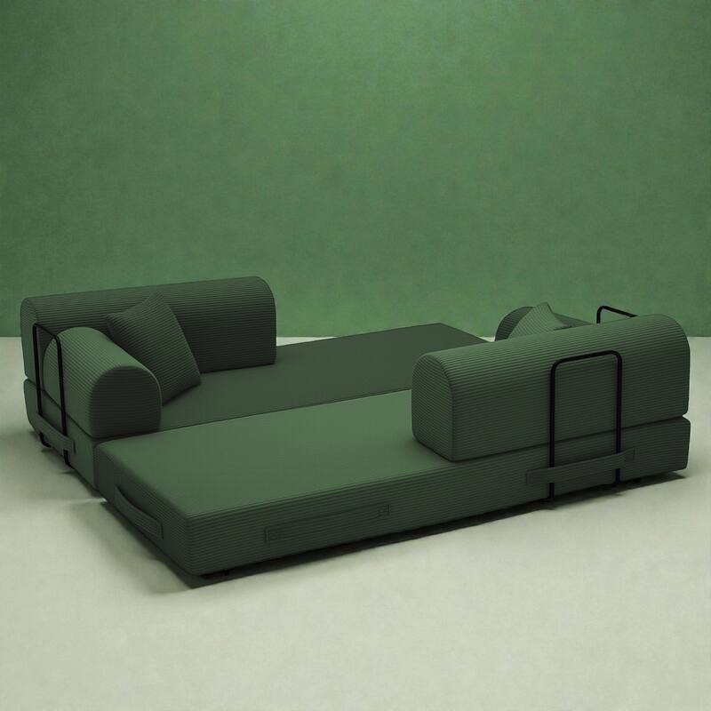 Convertible Sleeper Sofa Bed, 4-in-1 Corduroy Folding Floor Couch with Cylindrical Pillow, 2-Seat Space-Saving Lounge Sofa