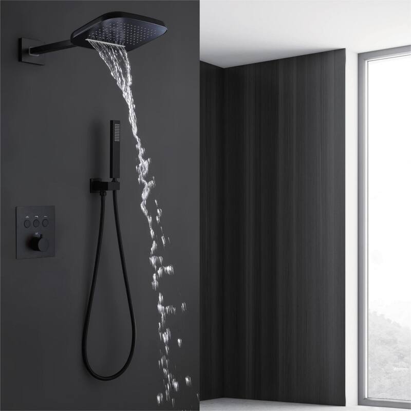 Modland 3-function Square Thermostatic Rainfall Shower System with High-pressure Handheld Shower, Black/Nickel/Chrome