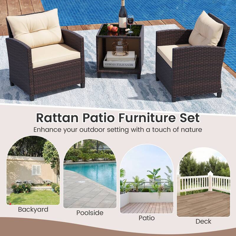 Gymax 3-Piece Patio Furniture Set PE Rattan Conversation Set w/ Glass