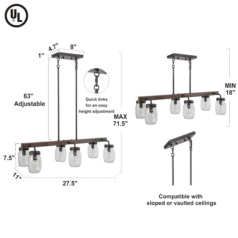 Modern Farmhouse 6-Light Glass Chandelier Island Lights for Dining Room - L27.5" x W11"x H 71.5"