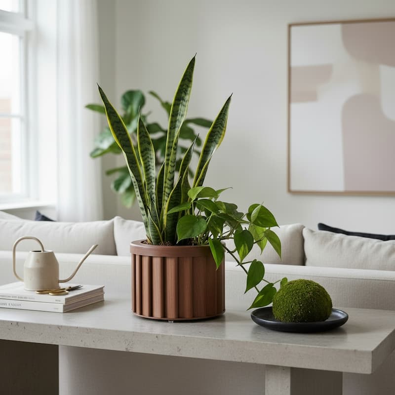 Anmytek Modern Rolling Planter with Wood-Grain Finish & Fluted Detailing, Removable Saucer, Mobile Plant Stand for Living Room