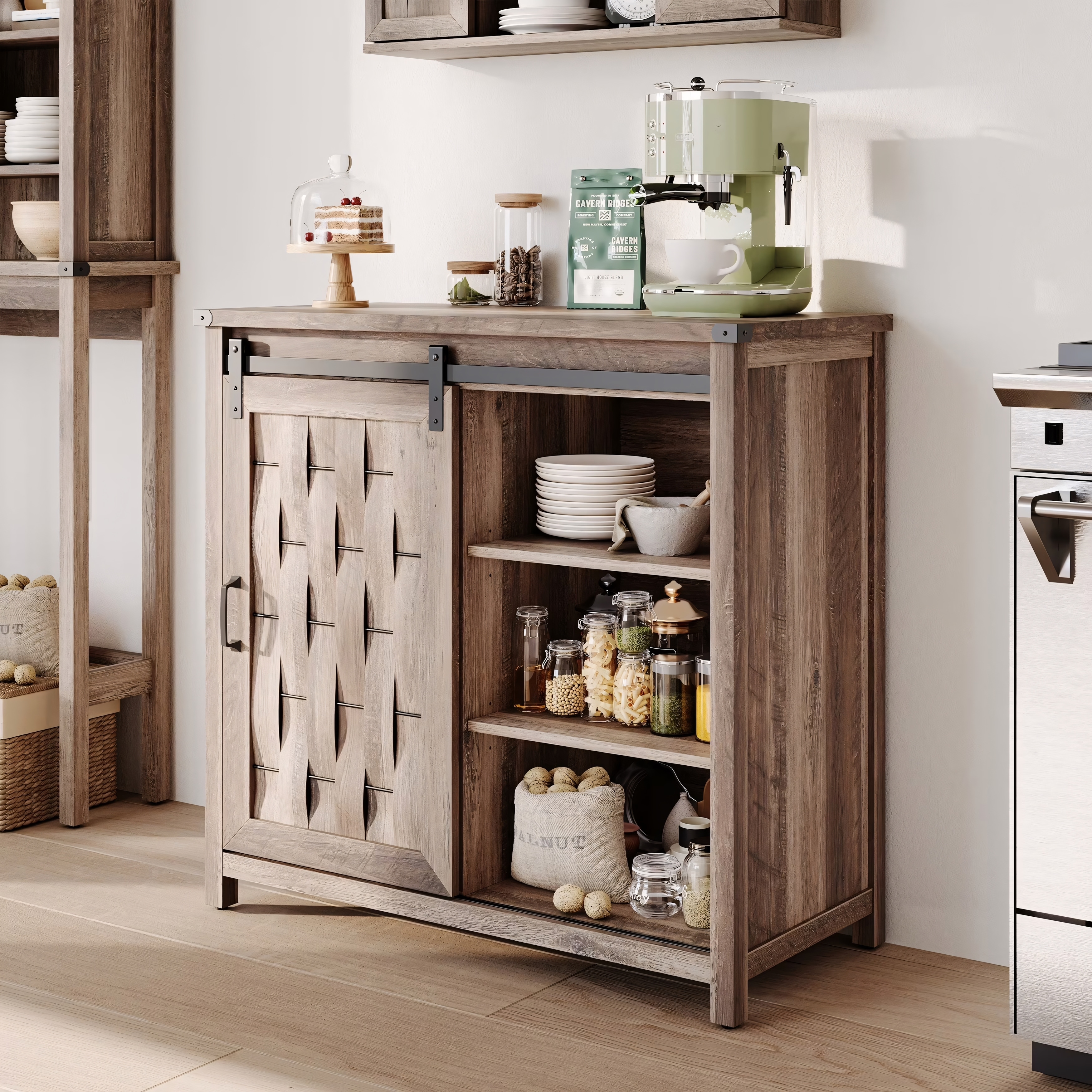 Farmhouse Coffee Bar Cabinet with Sliding Barn Door and Adjustable Shelves Light Brown