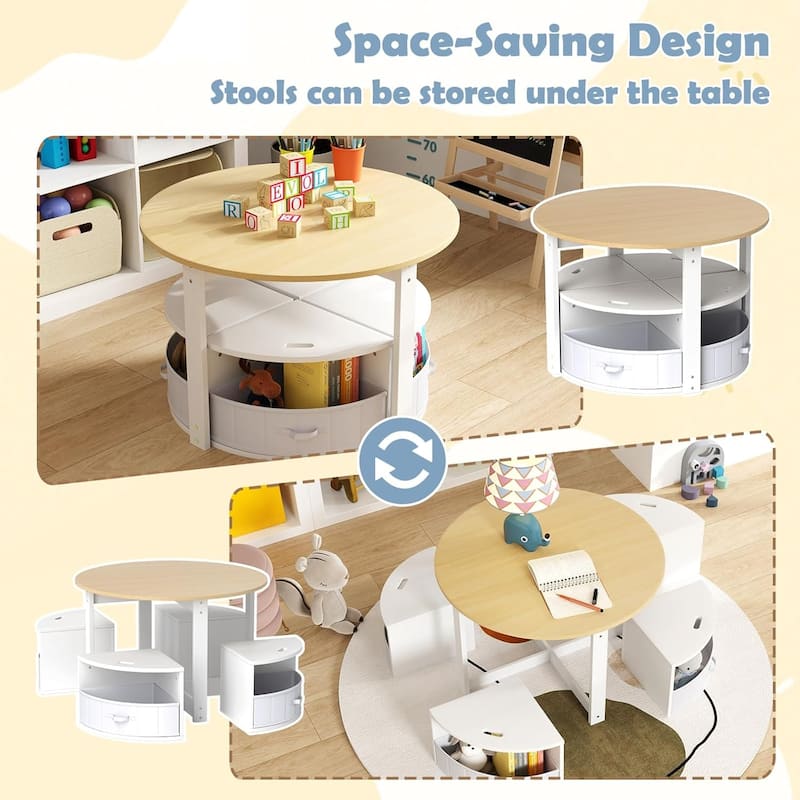 5 PCS Kids Table & Chairs Wooden Round Desk w/4 Storage Stools Set