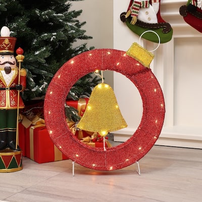 1.9Ft Tall Ornament and Bell Wreath Outdoor Holiday Decoration with Lights - 22.8" H x 19.3" W x 3.2" D