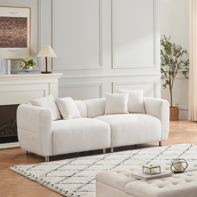 3 Seater Sofa Solid Wood Frame Couch with 4 Pillows - Beige