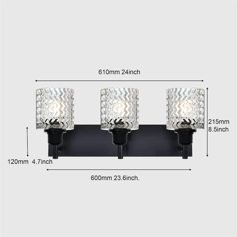 3-Light Industrial Black Wall Sconce with Hammered Glass Shades