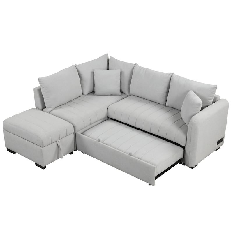 Grey 82.6" L-Shaped 5-Seater Sleeper Sofa with Pull-Out Bed, Storage Ottoman, USB Ports, and Power Outlets