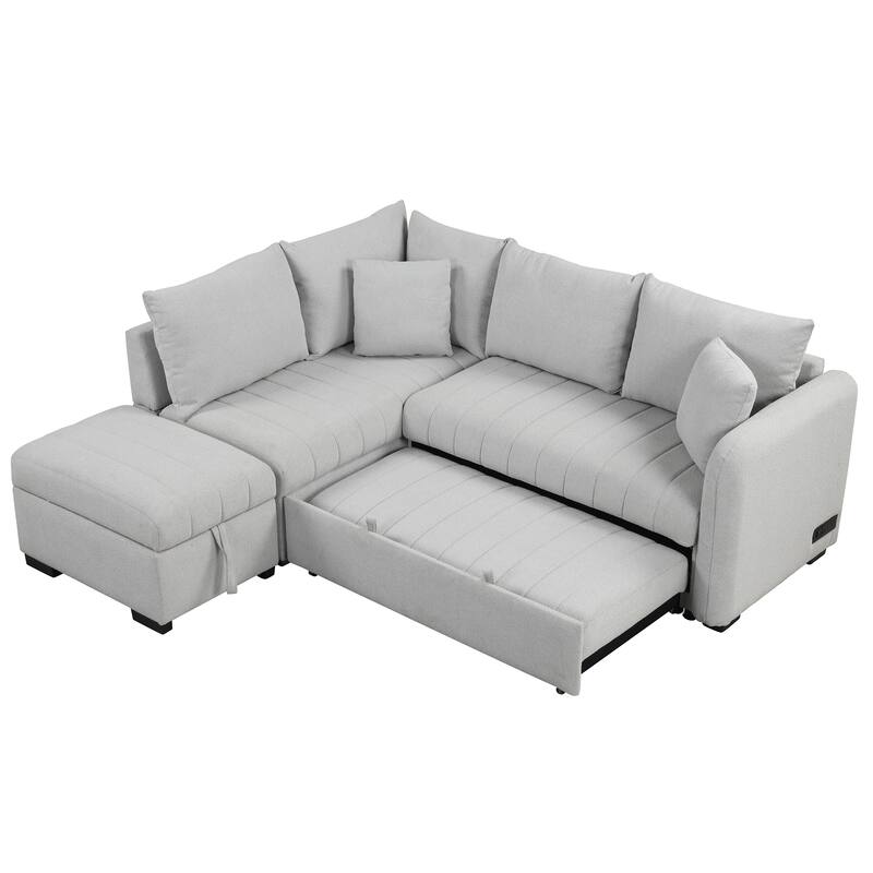 L-Shaped Sectional Sofa with Pull Out Sofa Bed & Storage Ottoman, Convertible Sleeper Sofa with USB Ports & Power Sockets
