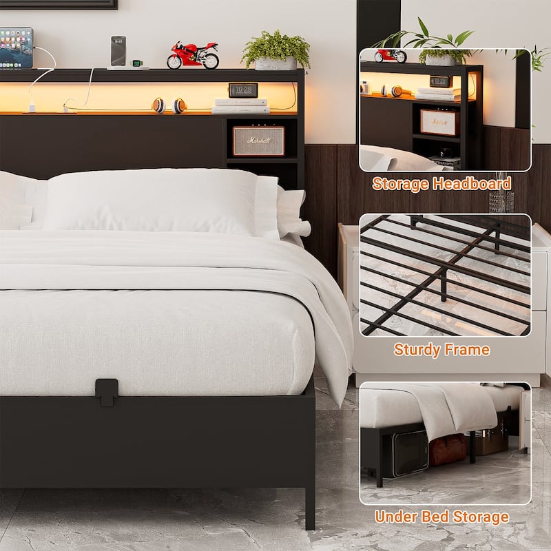 Bed Frame with Charging Station and RGB LED Lights, Sturdy Platform Bed with Storage Headboard,
