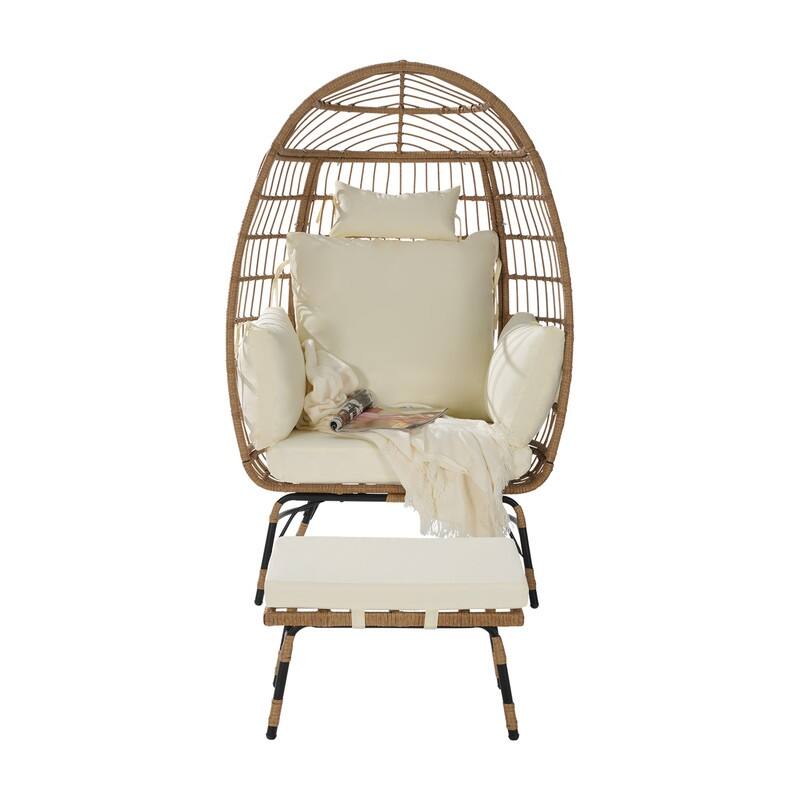 Wicker Egg Chair with Ottoman, Oversized Indoor Outdoor Lounger for Patio, Backyard, Living Room