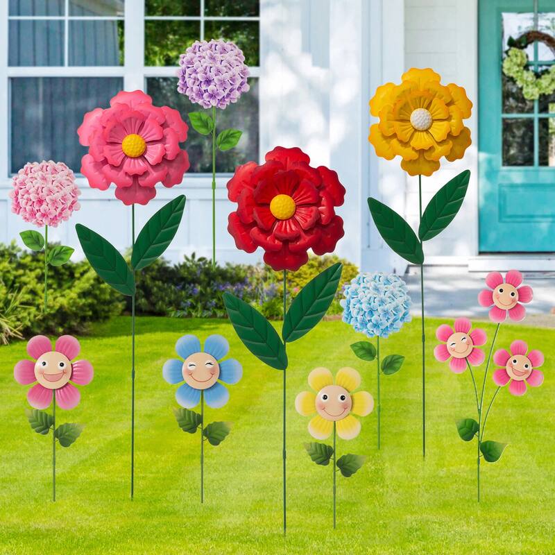 Glitzhome 10-Piece Metal Hydrangea Happy Face Flower Garden Stake Wall Decor