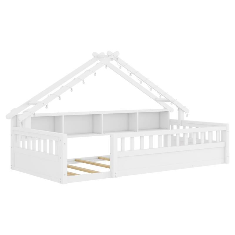Twin/Full Floor Bed with Storage Bookshelves & Roof Shape for Kids