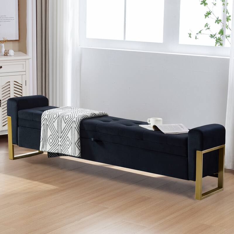 66" Storage Bench for Bedroom End of Bed with Single Lids and Gold Legs