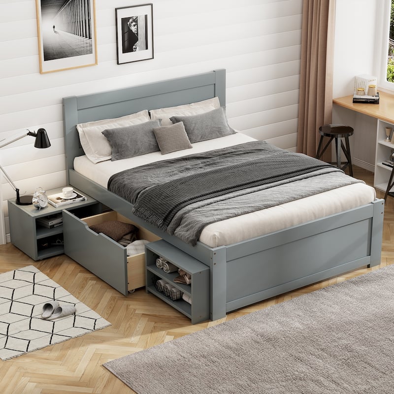 Twin Size Platform Bed With Drawer And Two Shelves, Gray