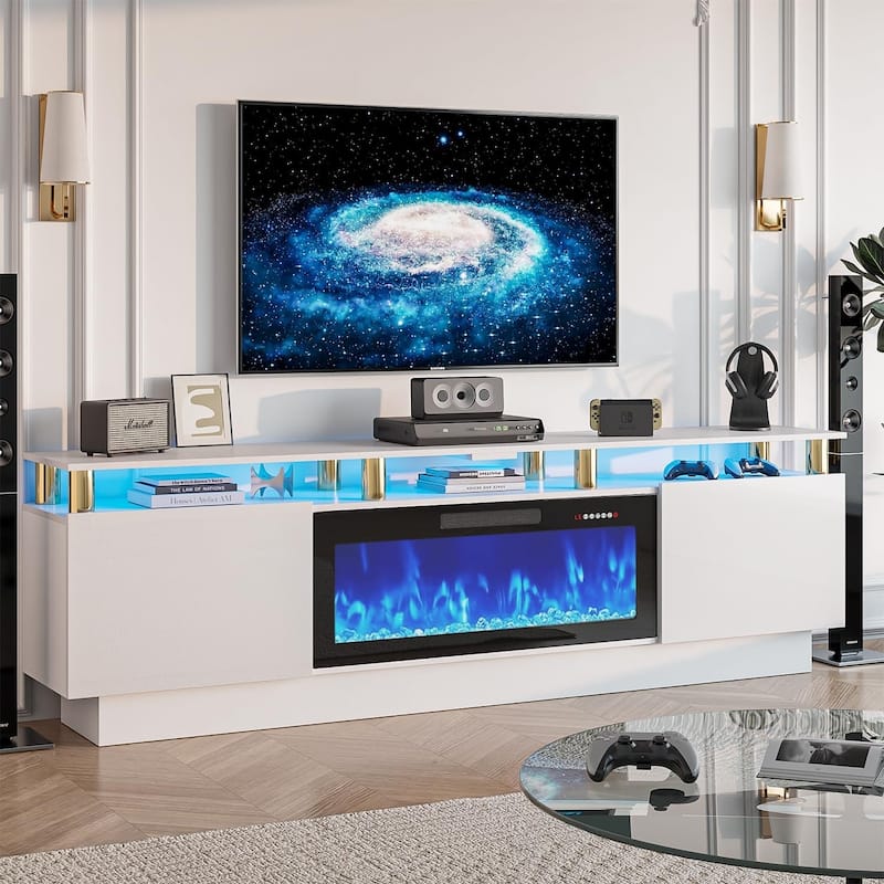 BOSSIN Modern 80" TV Stand with 36" Fireplace & LED Lights for TVs Up to 90", White with Golden Pillars, Storage Cabinets - New-White Gold
