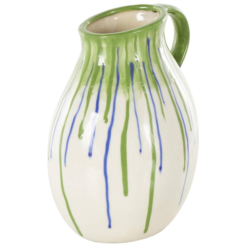 White Ceramic Abstract Decorative Vase with Green and Blue Drip Design and Handle