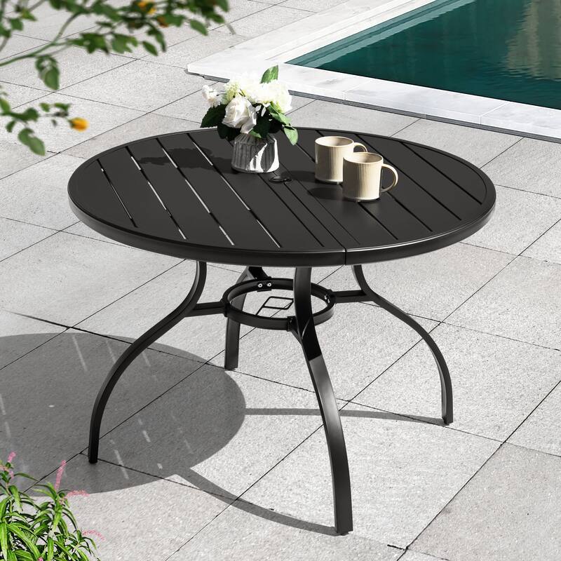 41'' Round Metal Outdoor Patio Dining Table with Umbrella Hole - Black