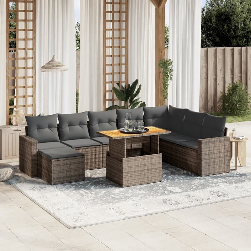 vidaXL Patio Sofa Set with Cushions Outdoor Furniture 9 Piece Poly Rattan - 21.7 x 39.4 x 28.7 - Grey-without storage