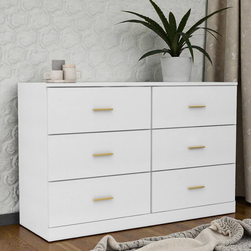 Modern 6 Drawer Dresser for Bedroom, Wide Chest of Drawers with Ample Storage, Sturdy Gloss Finish - White