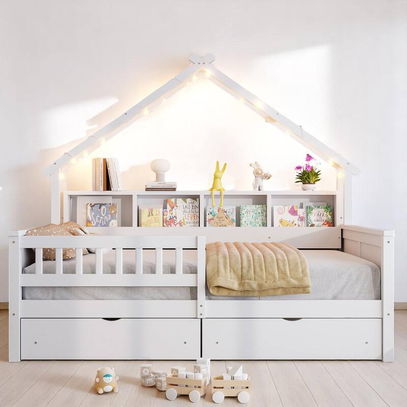 Full House Platform Bed Frame with LED, 2 Drawers, Shelves, Pine Wood & MDF Construction