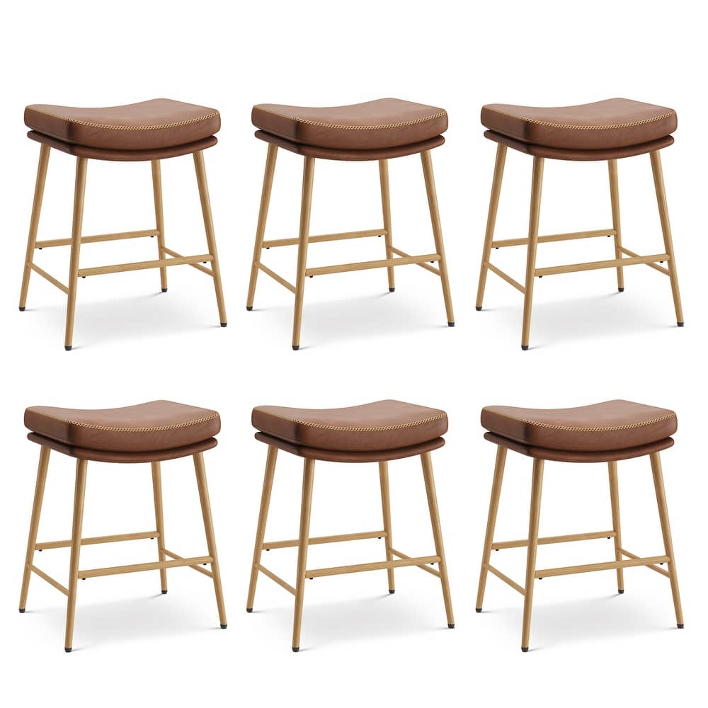 RENEWLINE Metal Bar Stools, 24 Inch Backless Counter Height Stools（Set of 2/3/4/6） with PU Leather Seat & Footrest
