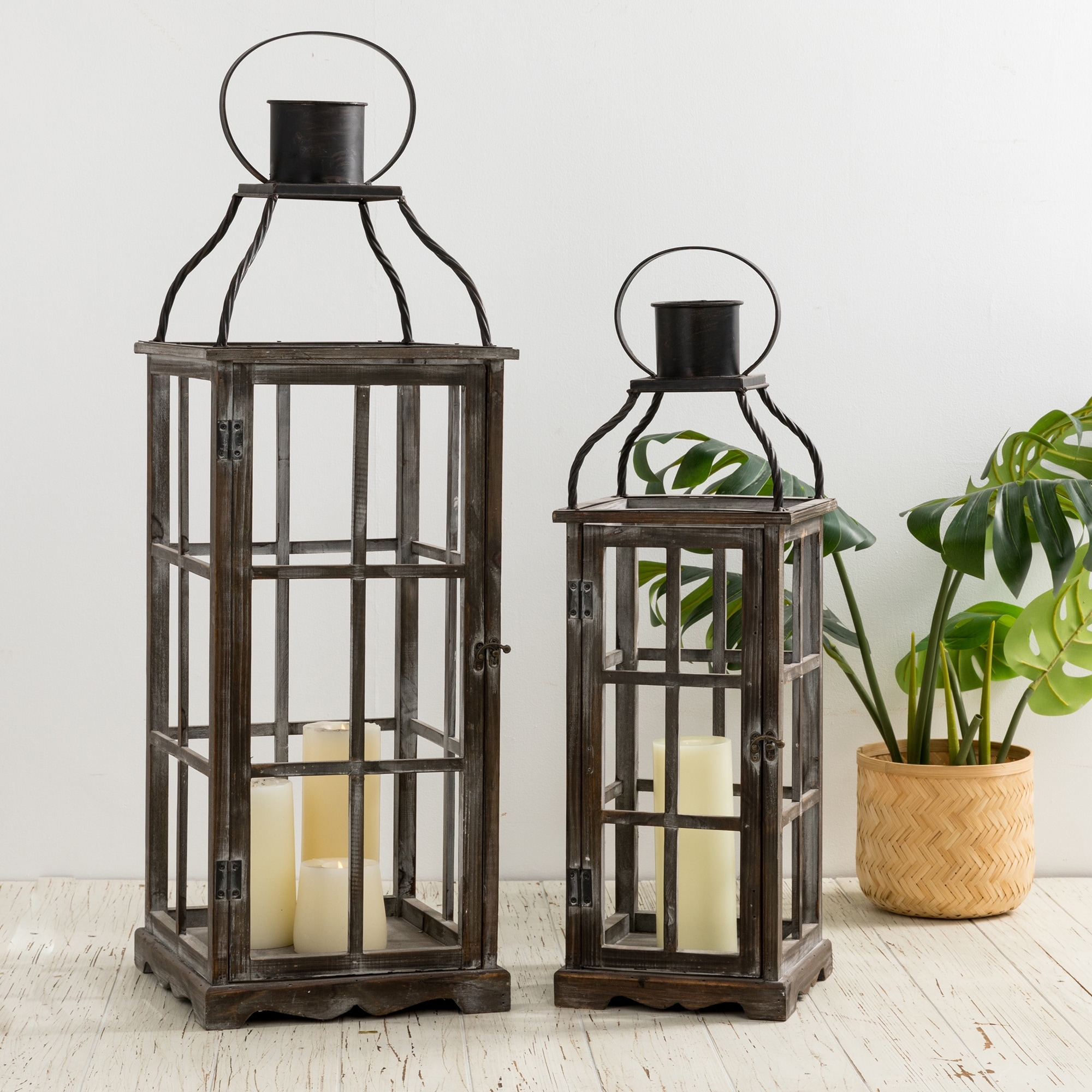 Glitzhome Oversized Farmhouse Wooden Metal Cage Candle Holders Patio Hanging Decorative Lanterns Set of 2 On Sale Bed Bath Beyond 26265375