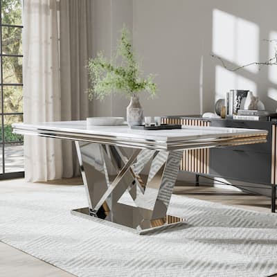 Furniture of America Kaliki Glam Sintered Stone Top 78-inch Dining Table with V-Shaped Base